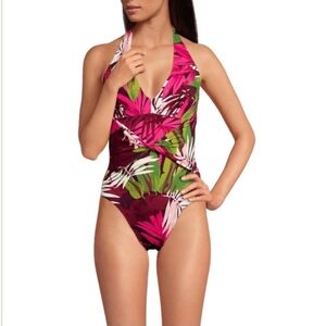Lands' End Sculping Suit Plunge Halter High Leg One-Piece Swimsuit NWT Size 12
